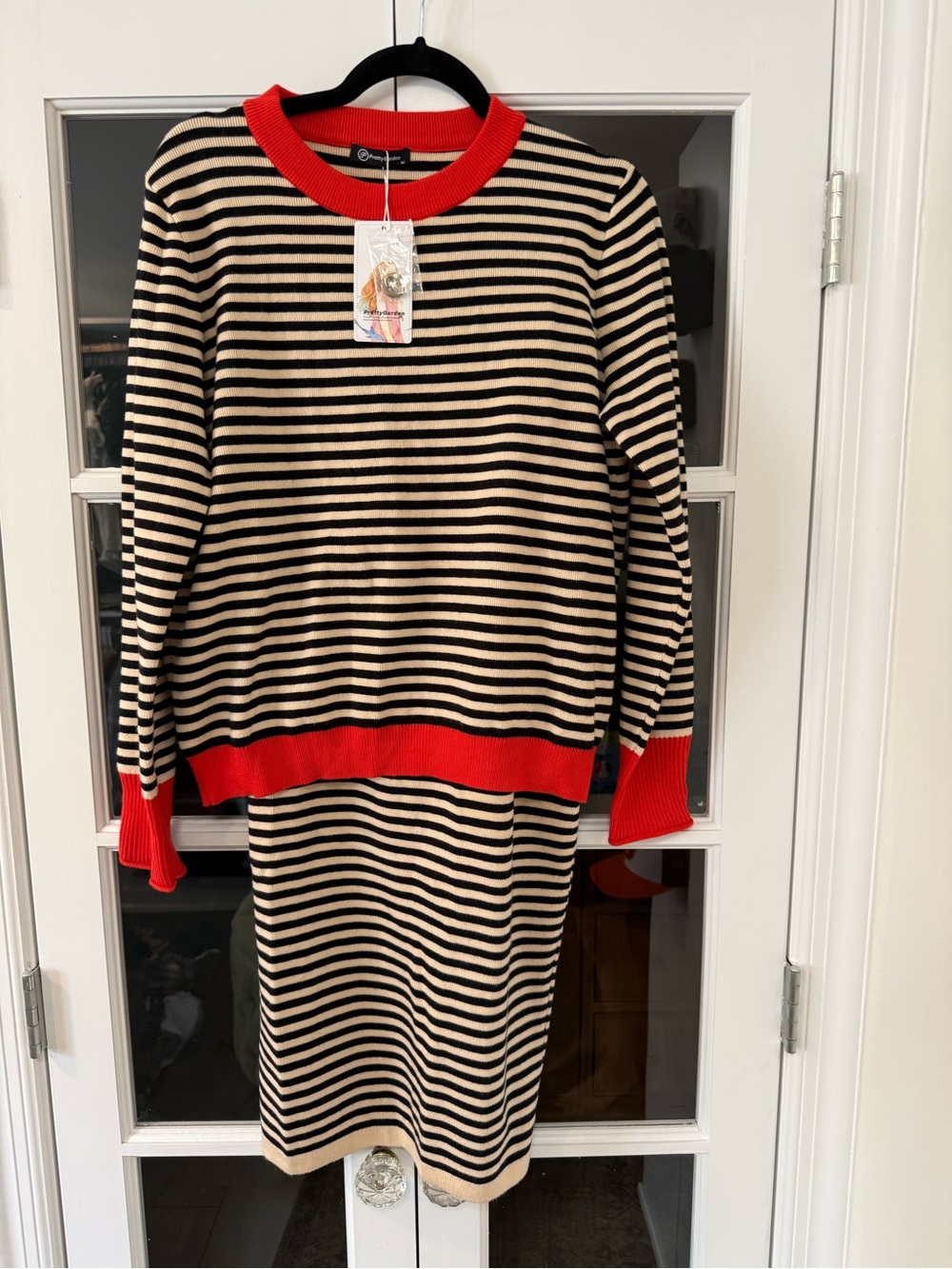 Striped Crewneck Sweater Dress with Red Trim